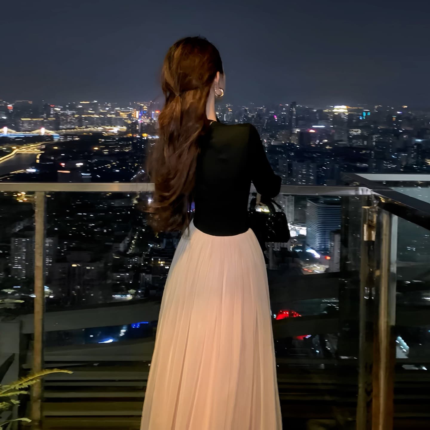 패션 부드러운 바람 배색 패치워크 라운드 넥 레이스업 긴팔 여성 드레스 가을 겨울 새로운 작은 대중 다용도 빅 플레어 스커트 상세 이미지 2
