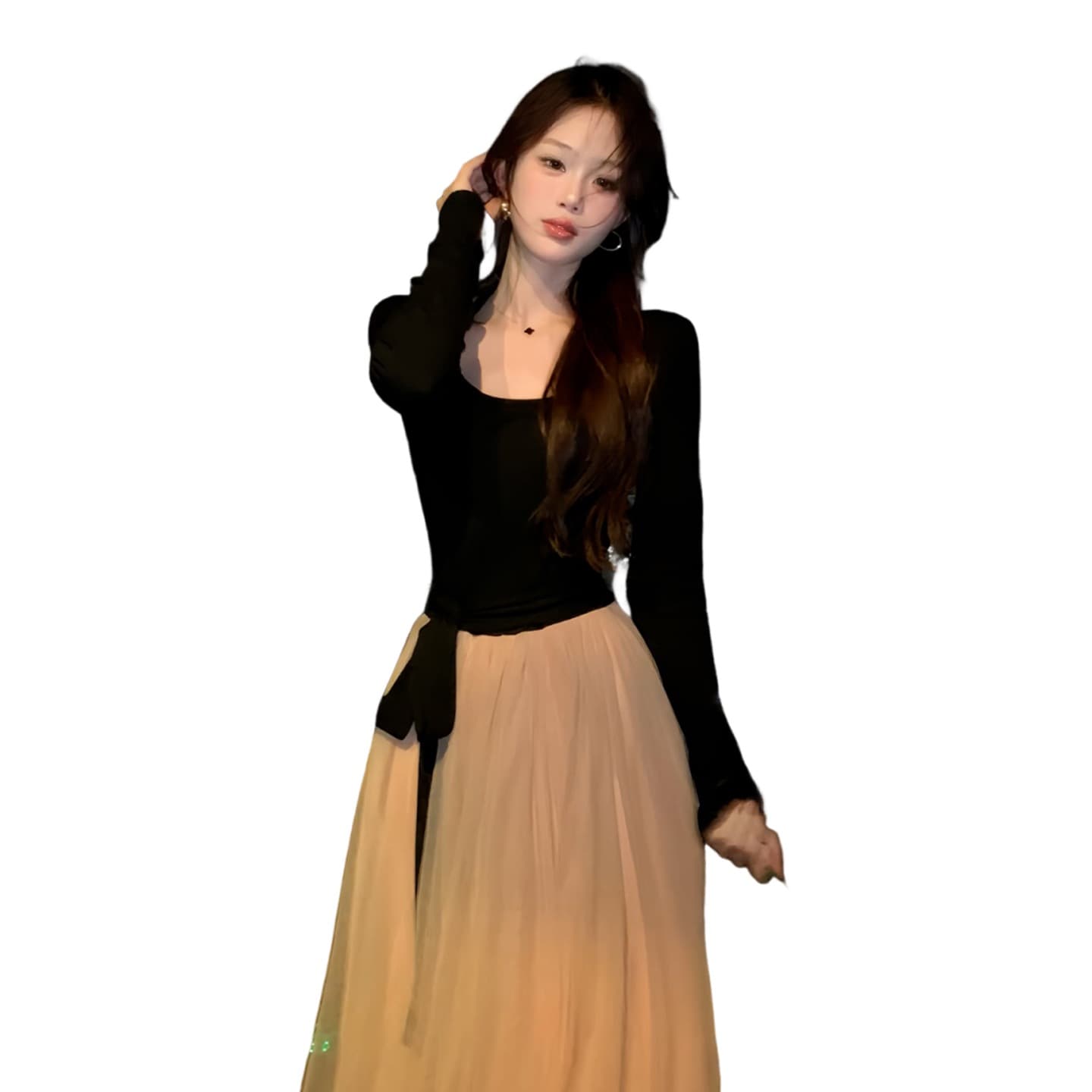 패션 부드러운 바람 배색 패치워크 라운드 넥 레이스업 긴팔 여성 드레스 가을 겨울 새로운 작은 대중 다용도 빅 플레어 스커트 상세 이미지 5