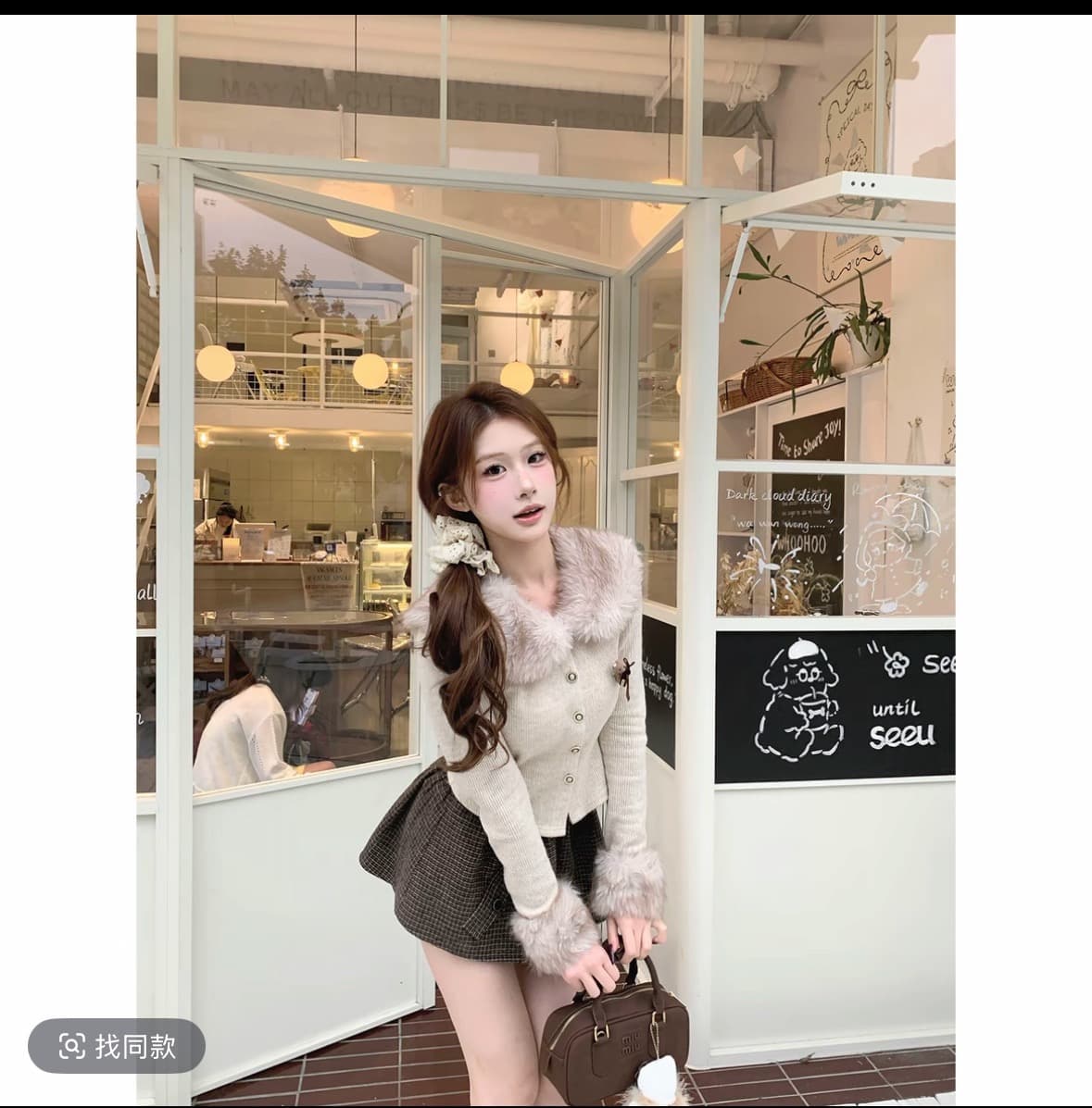 마 지 마 지 mochi 연인 하이라이트 탈착식 모피 칼라 긴팔 몸매 가꾸기 맨위 가을 체크무늬 반 스커트 세트 이미지 3