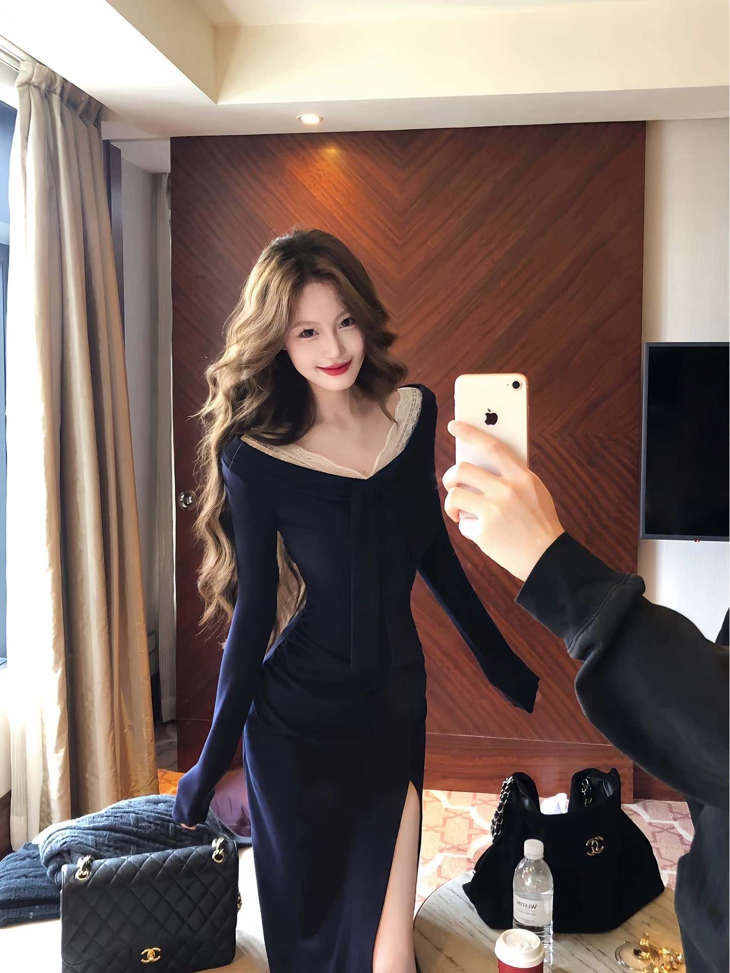 먹는다. 녹색 접시 애니 마음 3 번째 신제품 프랑스식 레이스 조각 레이스업 V넥 드레스 상세 이미지 5