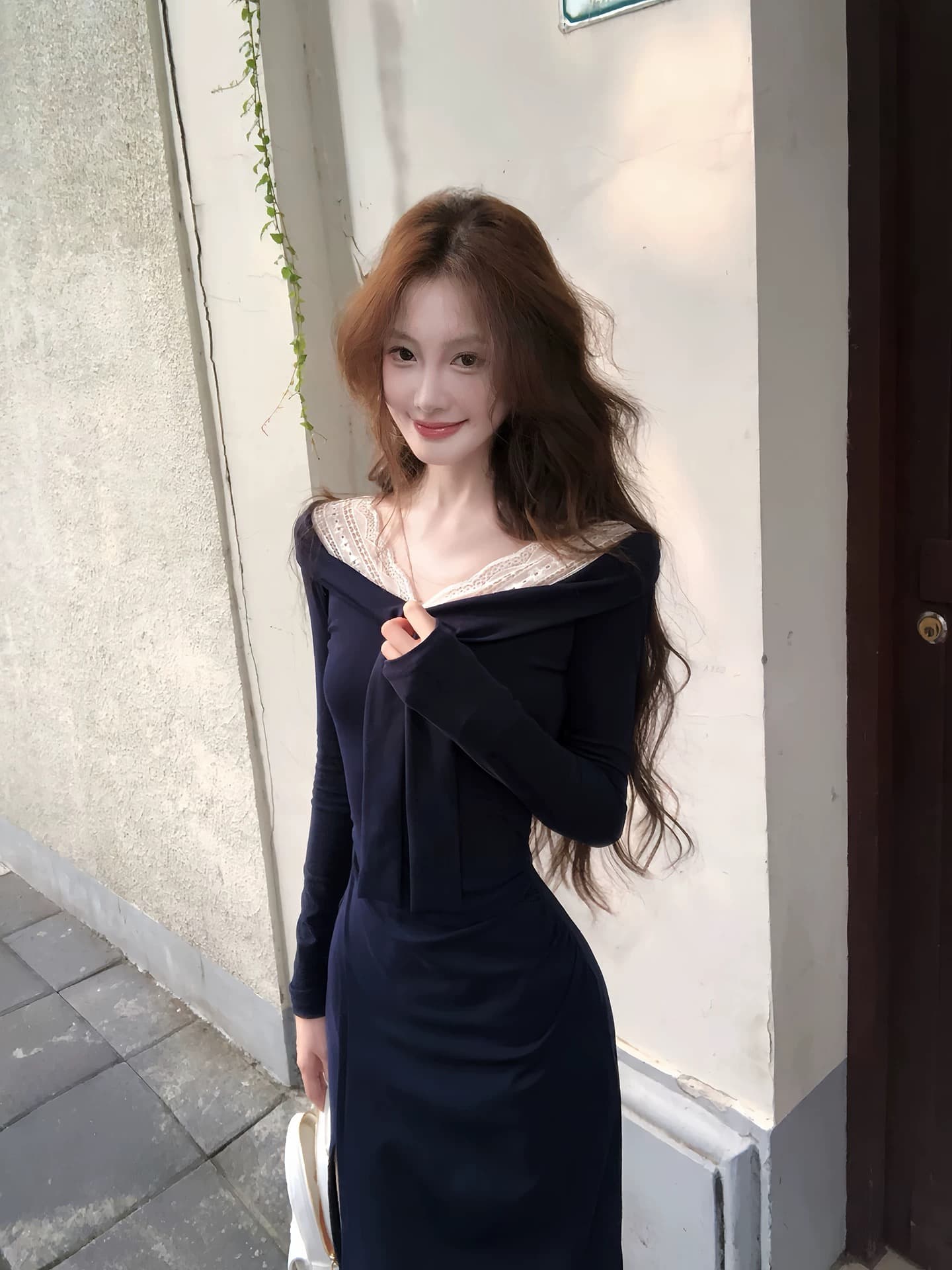 먹는다. 녹색 접시 애니 마음 3 번째 신제품 프랑스식 레이스 조각 레이스업 V넥 드레스 상세 이미지 6
