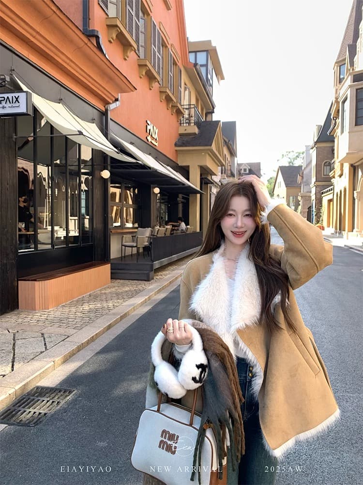 eia 하나 야오 옛날 커피 샵 한 부서 모피 여성 코트 가을 겨울 대 얼굴 전환 모방 스웨이드 원단 코트 이미지 2