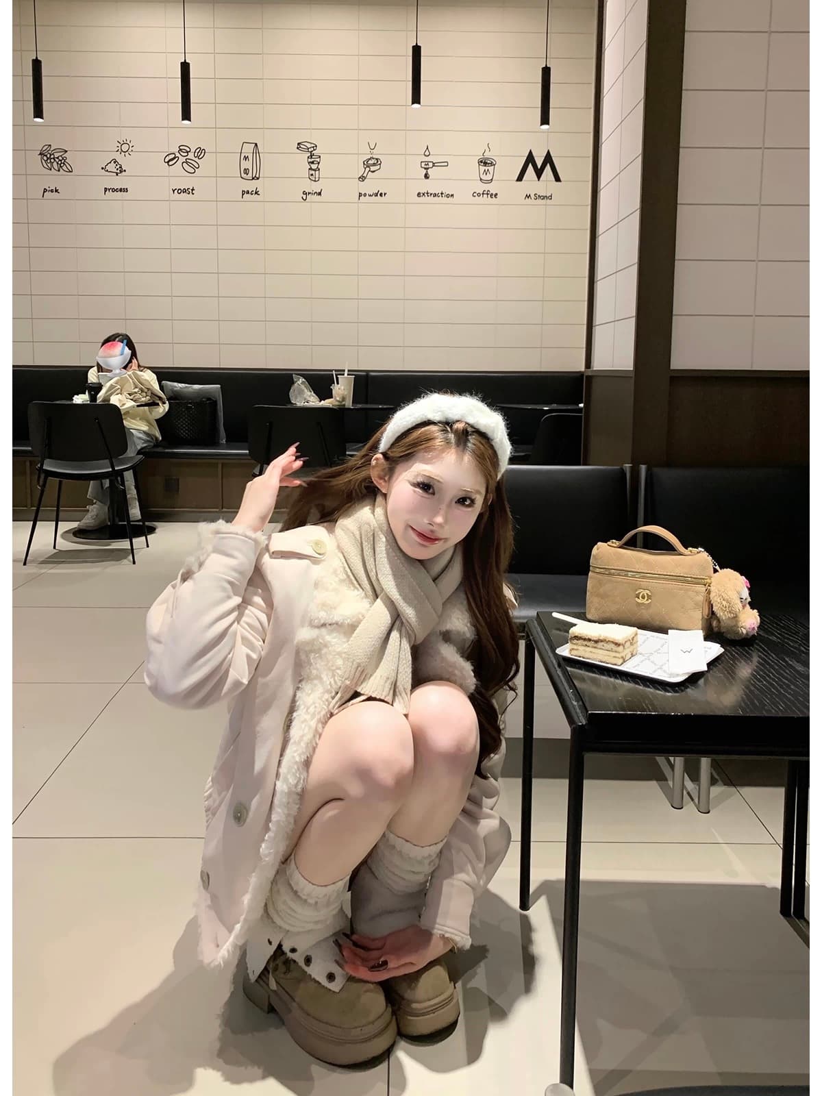 마 지 마 지 mochi 겨울 안개 홋카이도 분말 살구 색상 두꺼운 털 재킷 가을 겨울 같은 색깔 반 스커트 세트 상세 이미지 2