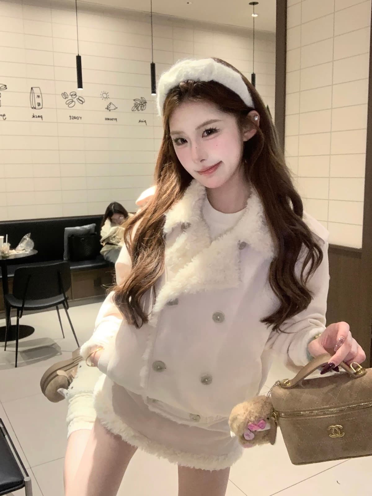 마 지 마 지 mochi 겨울 안개 홋카이도 분말 살구 색상 두꺼운 털 재킷 가을 겨울 같은 색깔 반 스커트 세트 상세 이미지 4