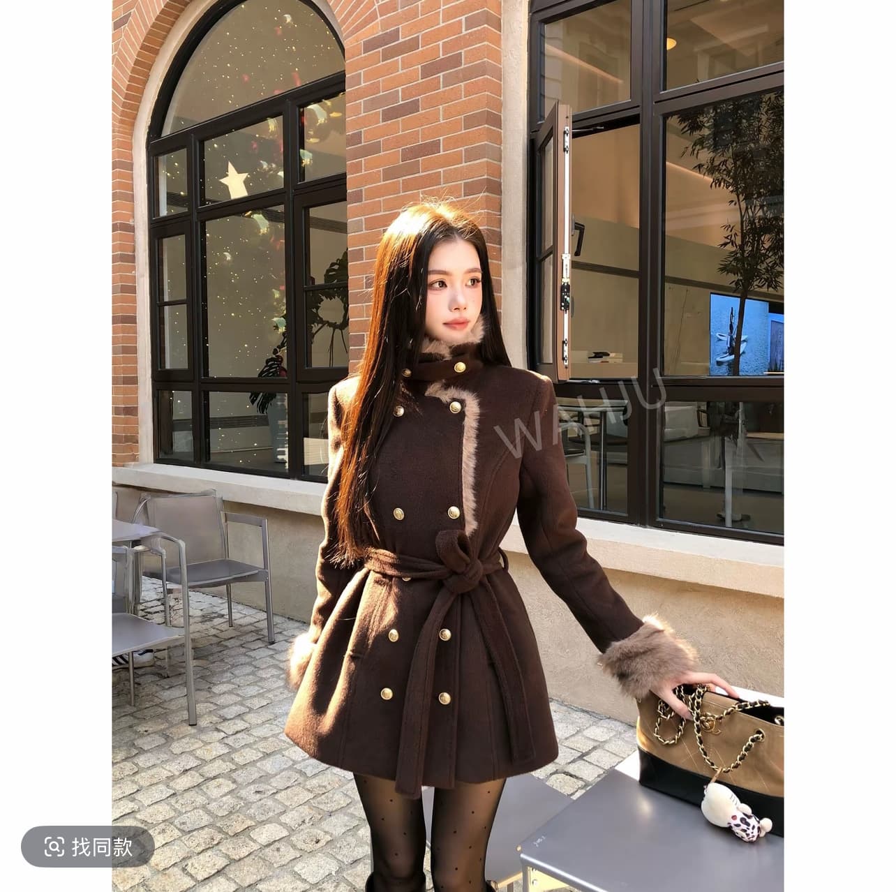 회화 솔루션 wahju 고대 복장 보여주기 필드 천 골드 분위기 센스 레이스업 허리 수축 이중 버튼 모직 외투 0038w 상세 이미지 2