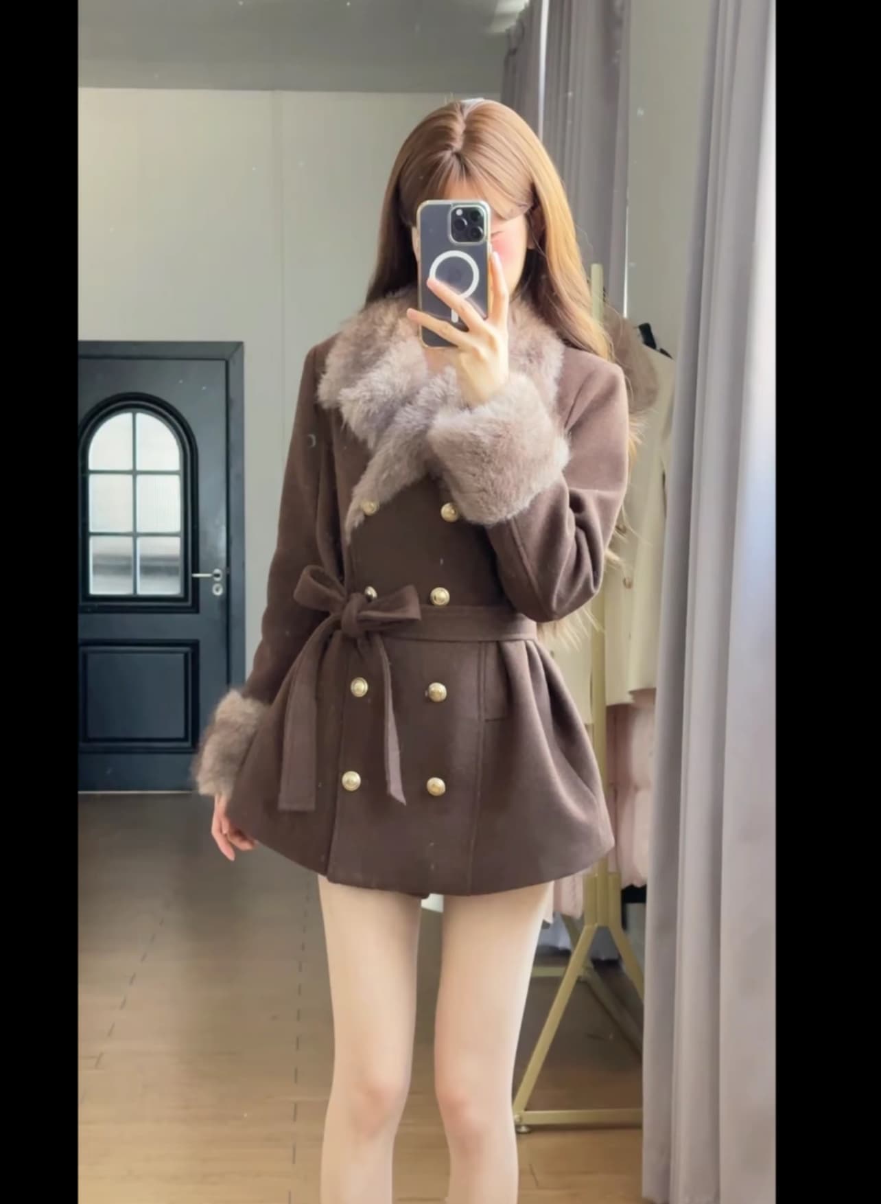 조금 천 고대 복장 보여주기 필드 레이스업 허리 수축 슬림해 보이는 모직 외투 천 골드 분위기 센스 이미지 3