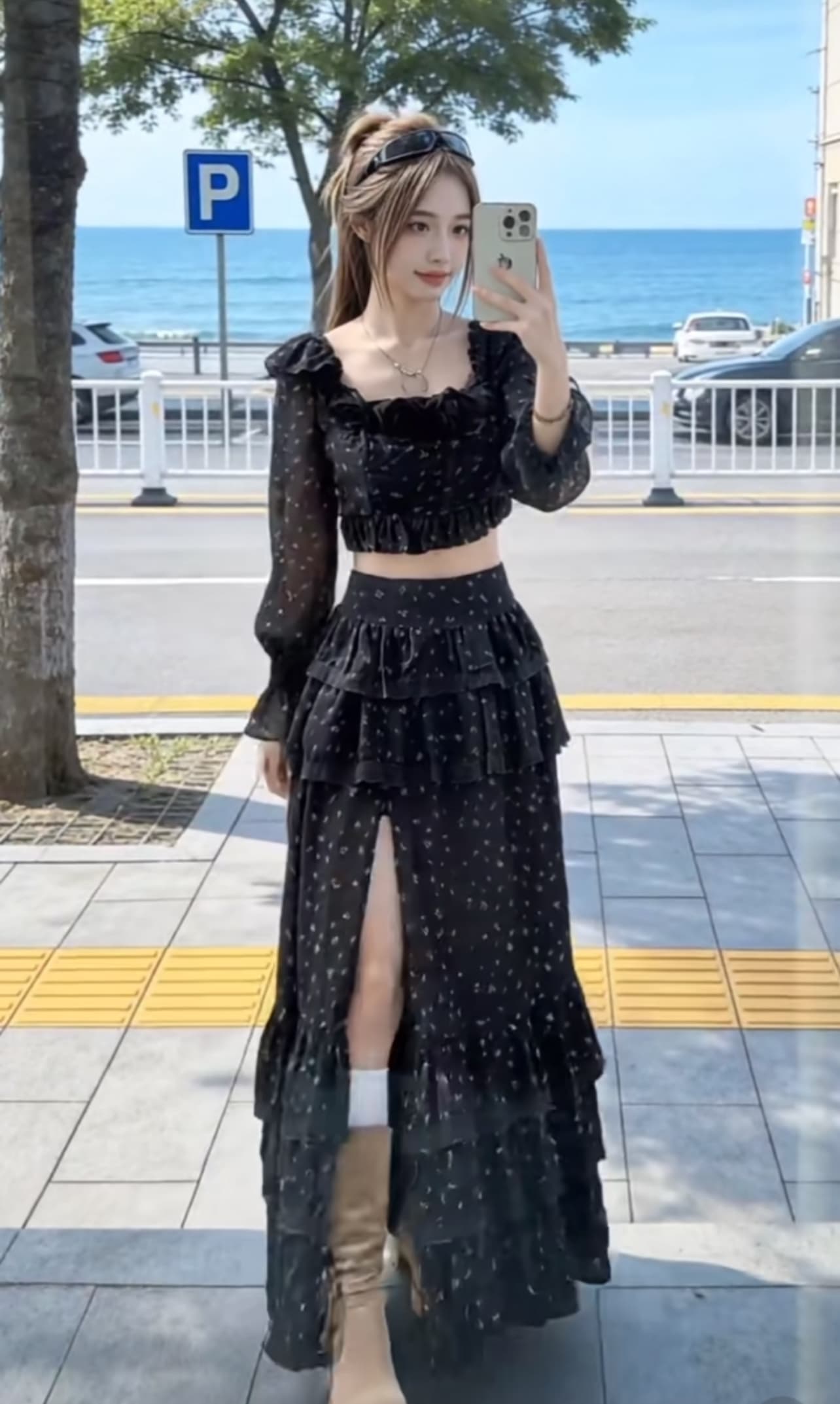2026 봄 여름 새로운 프랑스식 레트로 휴가 무거운 작업 손 자수 레이스 조각 짧은 맨위 반신 치마 세트 여성