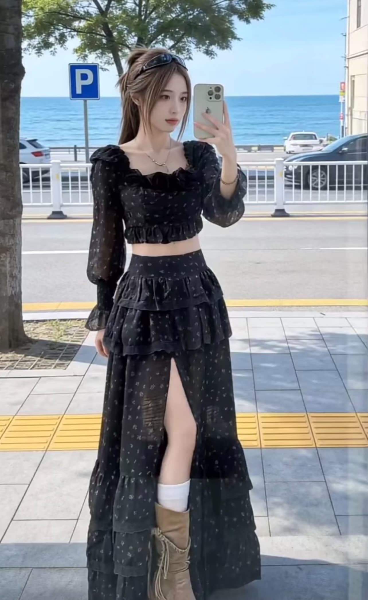 2026 봄 여름 새로운 프랑스식 레트로 휴가 무거운 작업 손 자수 레이스 조각 짧은 맨위 반신 치마 세트 여성 상세 이미지 5