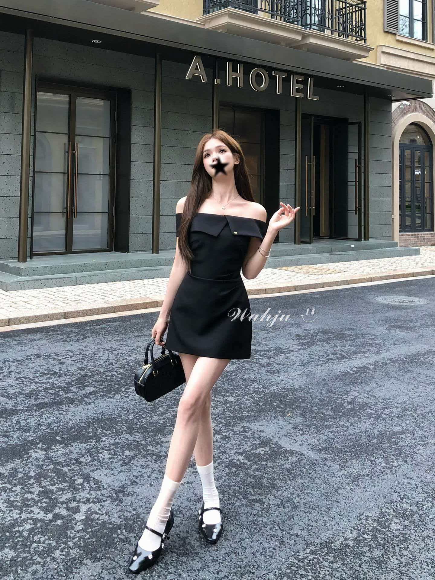 회화 솔루션 wahju 지혜 센스 자매 여름 불규칙 네클라인 디자인 꼬집기 허리 천 금빛 바람 오프숄더 드레스 상세 이미지 4