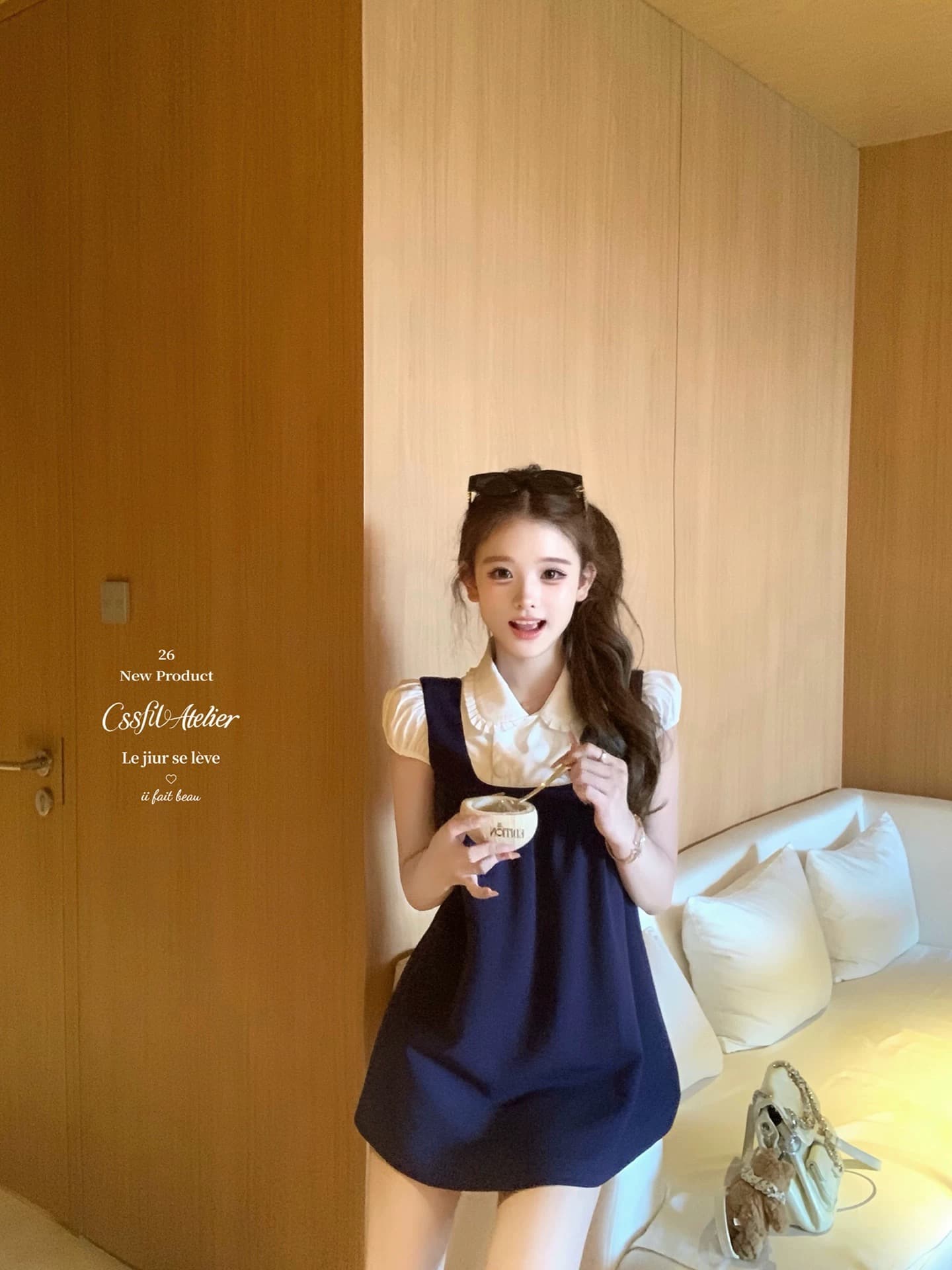 늦게 우산 우산 26ss 슈퍼 신생 아이돌 배색 피터 팬 칼라 이중 버튼 셔츠 페이크 레이어드 점프 슈트 미니 스커트 이미지 4