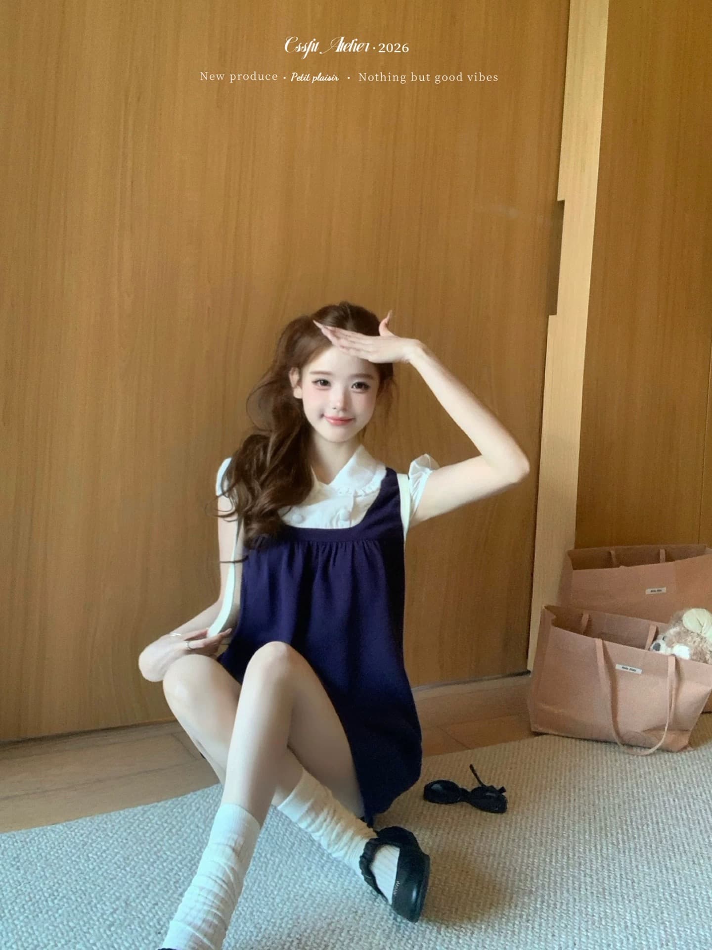 늦게 우산 우산 26ss 슈퍼 신생 아이돌 배색 피터 팬 칼라 이중 버튼 셔츠 페이크 레이어드 점프 슈트 미니 스커트 상세 이미지 7