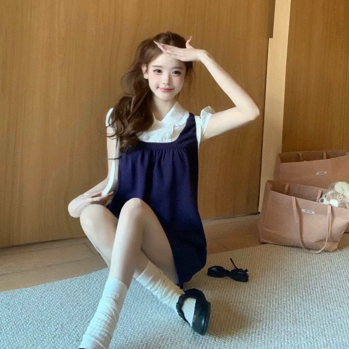 늦게 우산 우산 26ss 슈퍼 신생 아이돌 배색 피터 팬 칼라 이중 버튼 셔츠 페이크 레이어드 점프 슈트 미니 스커트 이미지 5