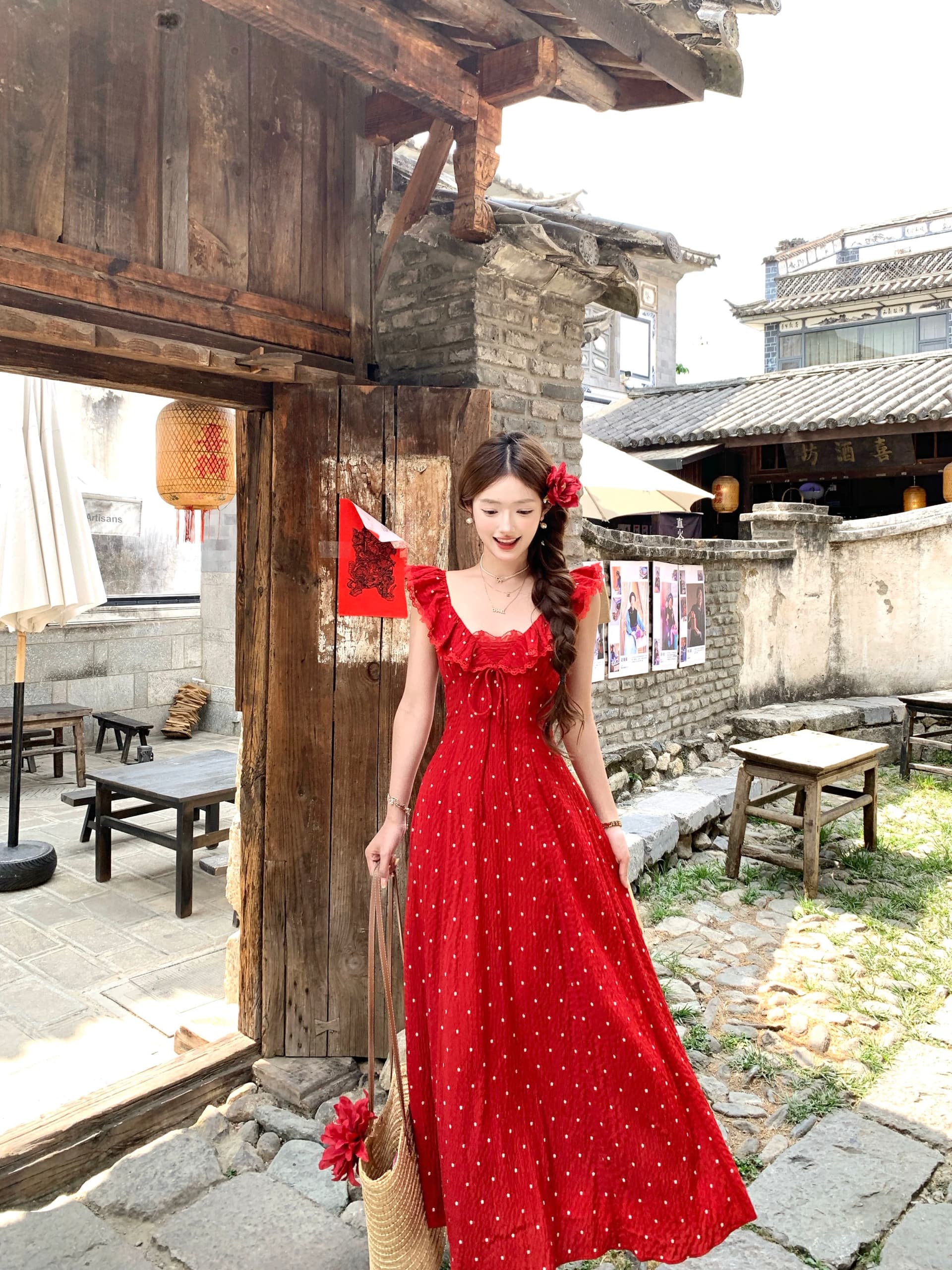 acaine428 2000 95 할인 빨간색 석류 빛 법 도트 무늬 프릴 슬립 드레스 상세 이미지 5