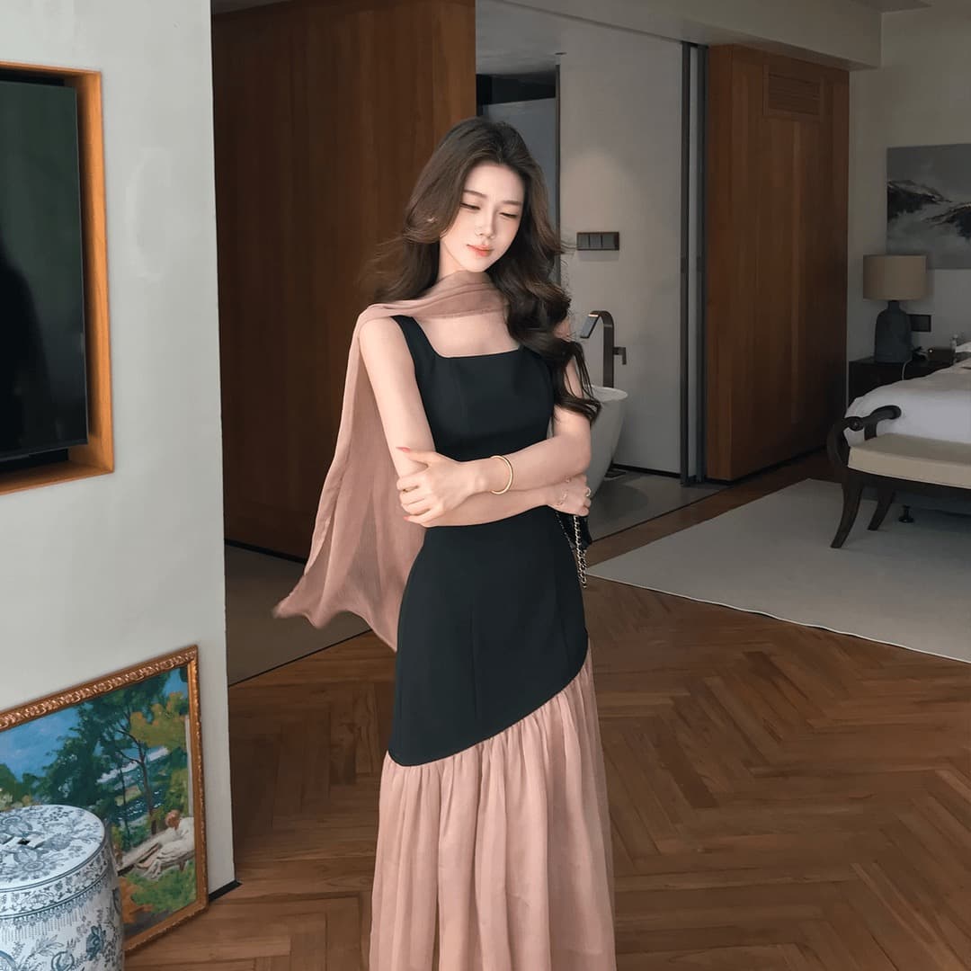 무쯔리 목자이 ~ 중 리 黛 분말 잉 어깨 디자인 센스 니트 패치워크 쉬폰 드레스 민소매 광장 칼라 인어 꼬리 롱 스커트 이미지 3