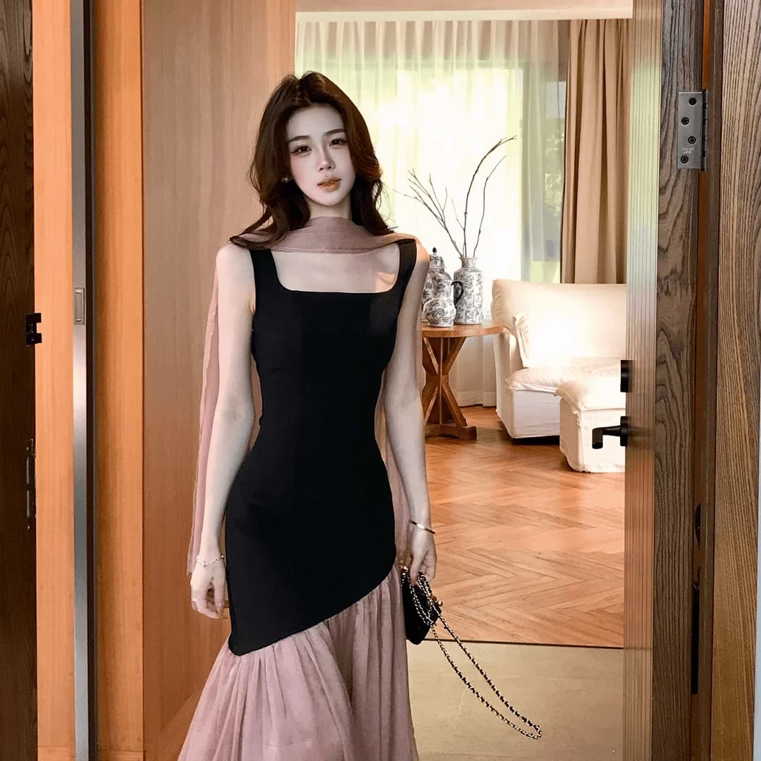 무쯔리 목자이 ~ 중 리 黛 분말 잉 어깨 디자인 센스 니트 패치워크 쉬폰 드레스 민소매 광장 칼라 인어 꼬리 롱 스커트 이미지 4