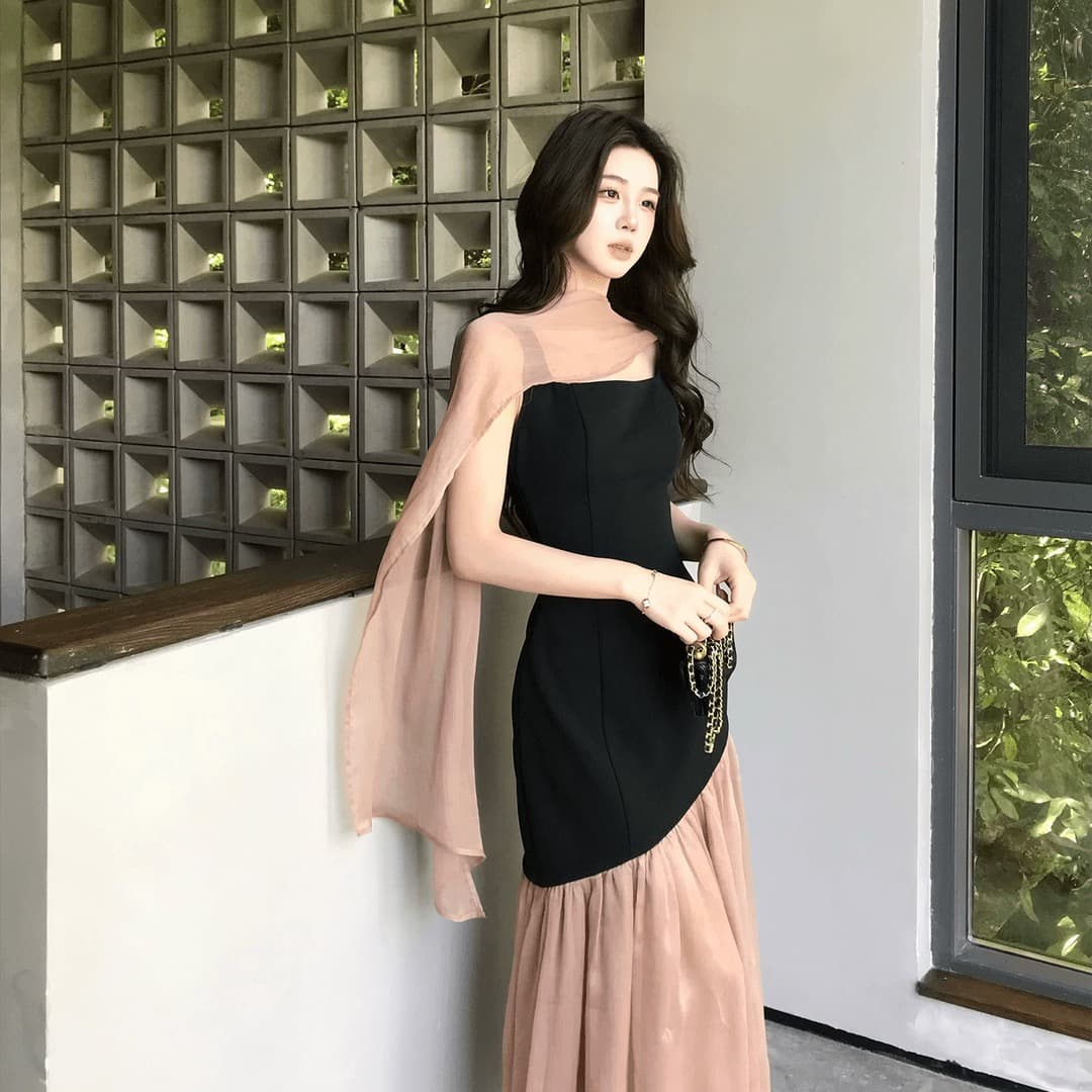 무쯔리 목자이 ~ 중 리 黛 분말 잉 어깨 디자인 센스 니트 패치워크 쉬폰 드레스 민소매 광장 칼라 인어 꼬리 롱 스커트 상세 이미지 4
