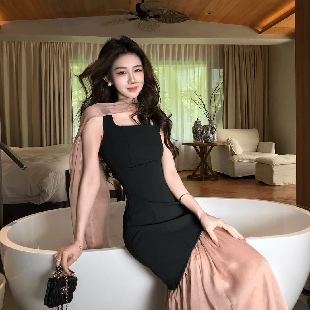 무쯔리 목자이 ~ 중 리 黛 분말 잉 어깨 디자인 센스 니트 패치워크 쉬폰 드레스 민소매 광장 칼라 인어 꼬리 롱 스커트 상세 이미지 5