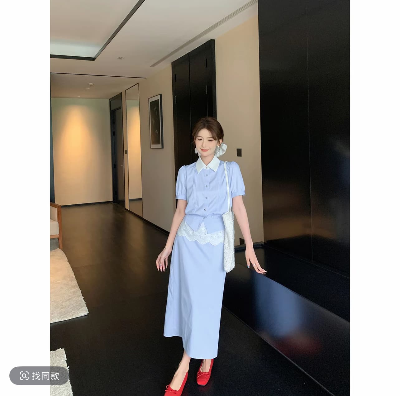shaoer 블루 화이트 사랑 노래 프랑스식 학원 스타일 여름 청소 상쾌 세트 상세 이미지 3