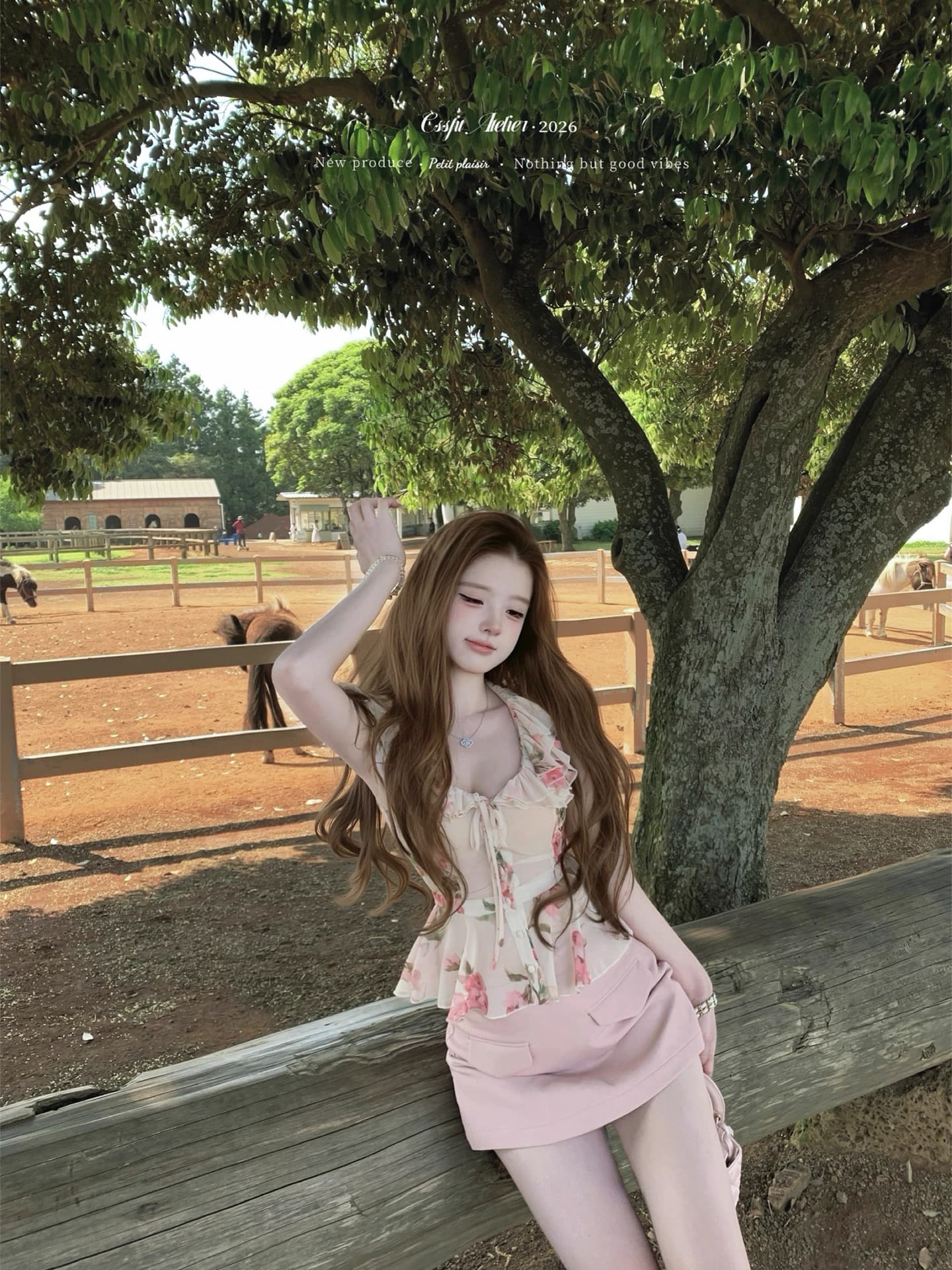 늦게 우산 우산 26 ss 사쿠라 음 나이 나이 분말 장미 꽃무늬 프릴 셔츠 분말 스웨이드 반 스커트 이미지 2