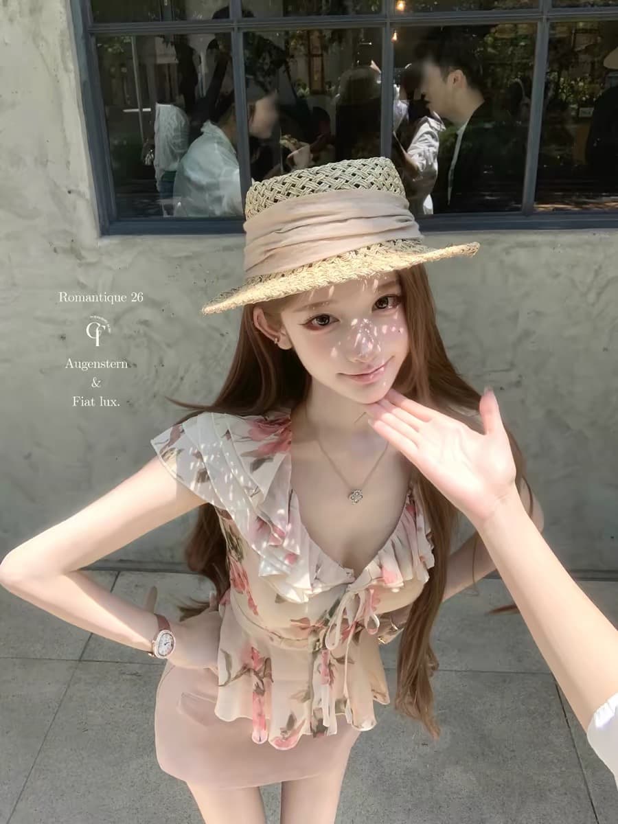 늦게 우산 우산 26 ss 사쿠라 음 나이 나이 분말 장미 꽃무늬 프릴 셔츠 분말 스웨이드 반 스커트 상세 이미지 1