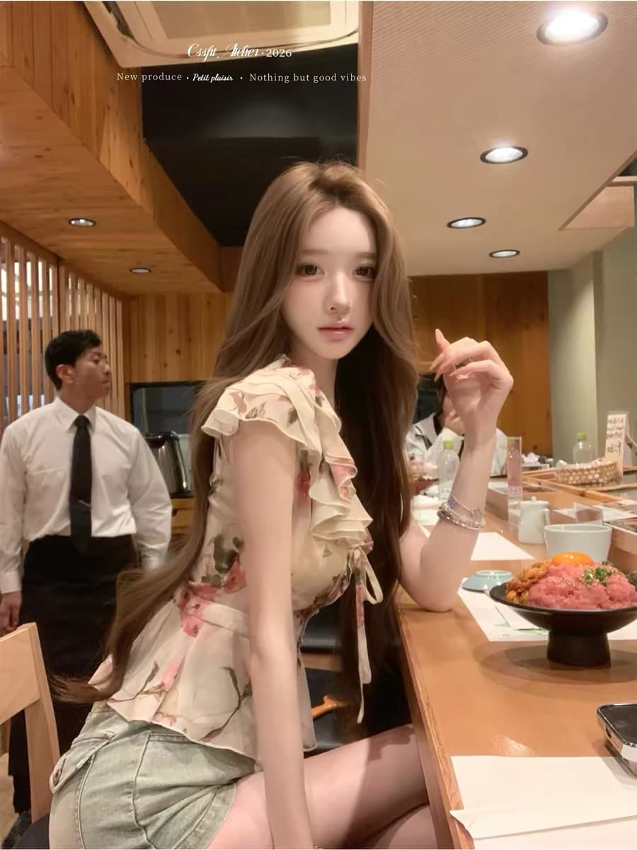 늦게 우산 우산 26 ss 사쿠라 음 나이 나이 분말 장미 꽃무늬 프릴 셔츠 분말 스웨이드 반 스커트 상세 이미지 3