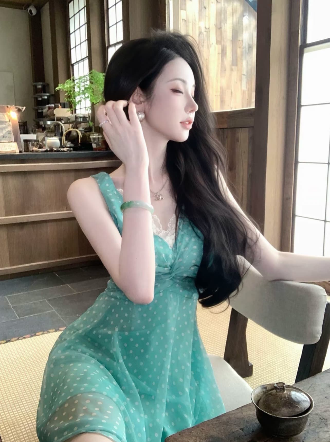 우아한 조 맞춤 물 중간 그림자 레트로 연령 감소 도트 무늬 치마 V넥 레이스 측면 드레스 dycc 상세 이미지 4