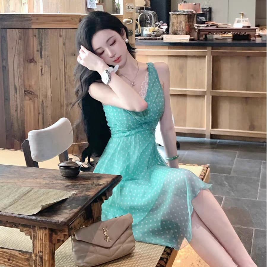 우아한 조 맞춤 물 중간 그림자 레트로 연령 감소 도트 무늬 치마 V넥 레이스 측면 드레스 dycc 상세 이미지 5