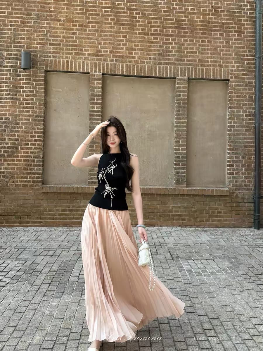 iris lumina 예약하기 어둡고 조용한 대나무 그림자 국풍 민소매 맨위 여성 여름 품격 슬림해 보이는 자수 조끼 슬립 상세 이미지 4