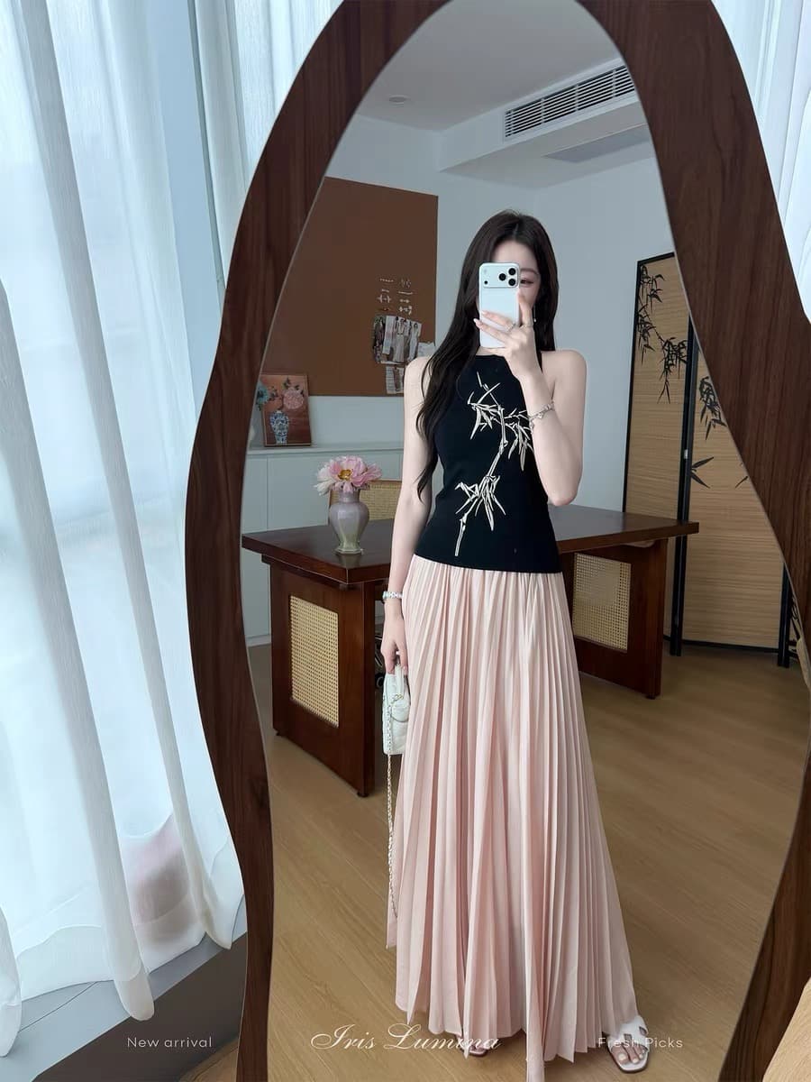iris lumina 예약하기 어둡고 조용한 대나무 그림자 국풍 민소매 맨위 여성 여름 품격 슬림해 보이는 자수 조끼 슬립 상세 이미지 6