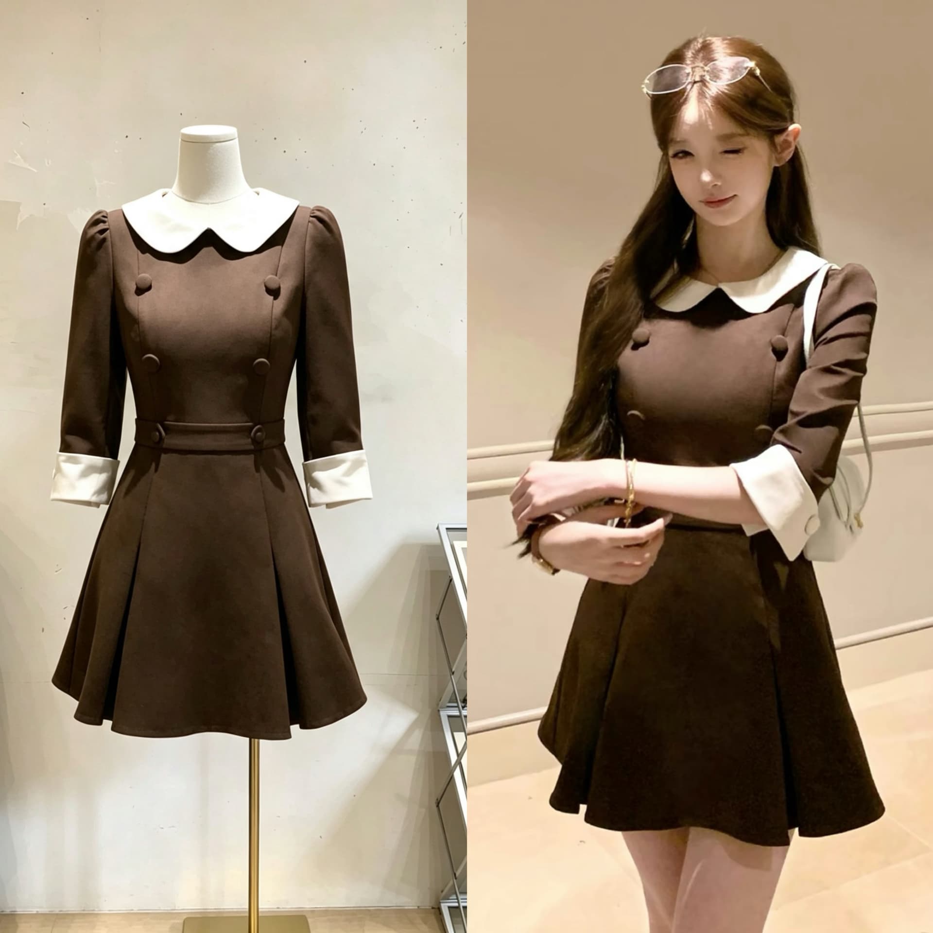 늦게 우산 우산 26ss 컬렉션 적갈색 miu 부서 커피 색상 이중 버튼 피터 팬 칼라 드레스 민소매 7부 소매