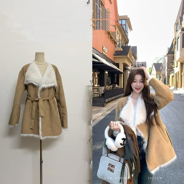 eia 하나 야오 옛날 커피 샵 한 부서 모피 여성 코트 가을 겨울 대 얼굴 전환 모방 스웨이드 원단 코트