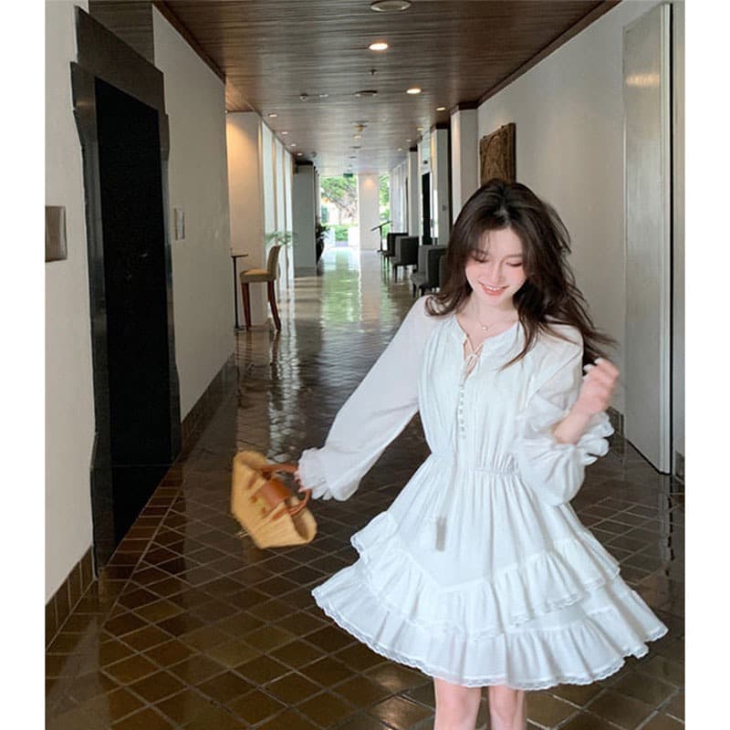 매화 요리 한 이순신 로라 소녀 똑똑한 꽃잎 샤오 바이 치마 레이스 무거운 이중층 연꽃 잎 드레스 이미지 2