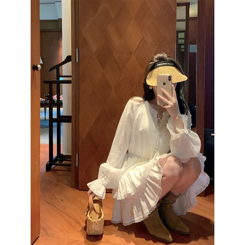 매화 요리 한 이순신 로라 소녀 똑똑한 꽃잎 샤오 바이 치마 레이스 무거운 이중층 연꽃 잎 드레스 상세 이미지 1