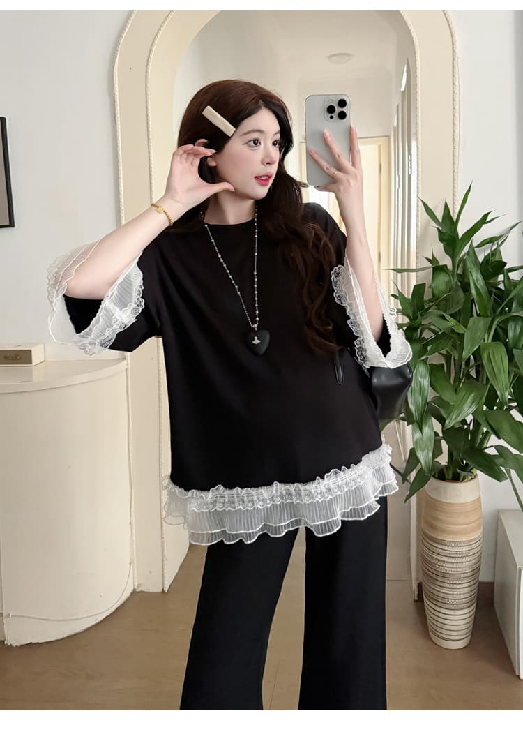 출산 착용 투피스 세트 매운맛 엄마 트렌디 여름 새로운 레이스 맨위 반팔 빅 사이즈 슬림해 보이는 7부 바지 임신 기간 착용 가져 가라. 상세 이미지 28