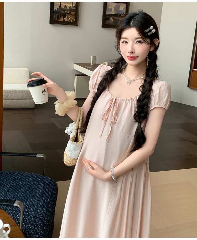 매운맛 엄마 임신 기간 착용 가져 가라. 프랑스식 품격 핑크색 u 칼라 루즈핏 반팔 수 있습니다. 허리 수축 슬림해 보이는 임산부 드레스 상세 이미지 16