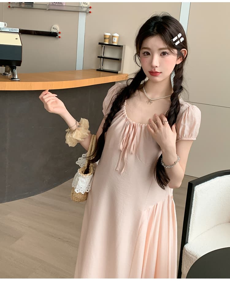 매운맛 엄마 임신 기간 착용 가져 가라. 프랑스식 품격 핑크색 u 칼라 루즈핏 반팔 수 있습니다. 허리 수축 슬림해 보이는 임산부 드레스 상세 이미지 22