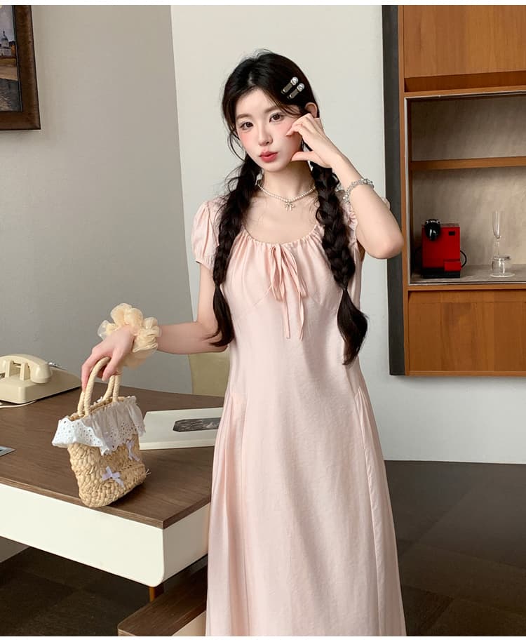 매운맛 엄마 임신 기간 착용 가져 가라. 프랑스식 품격 핑크색 u 칼라 루즈핏 반팔 수 있습니다. 허리 수축 슬림해 보이는 임산부 드레스 상세 이미지 31