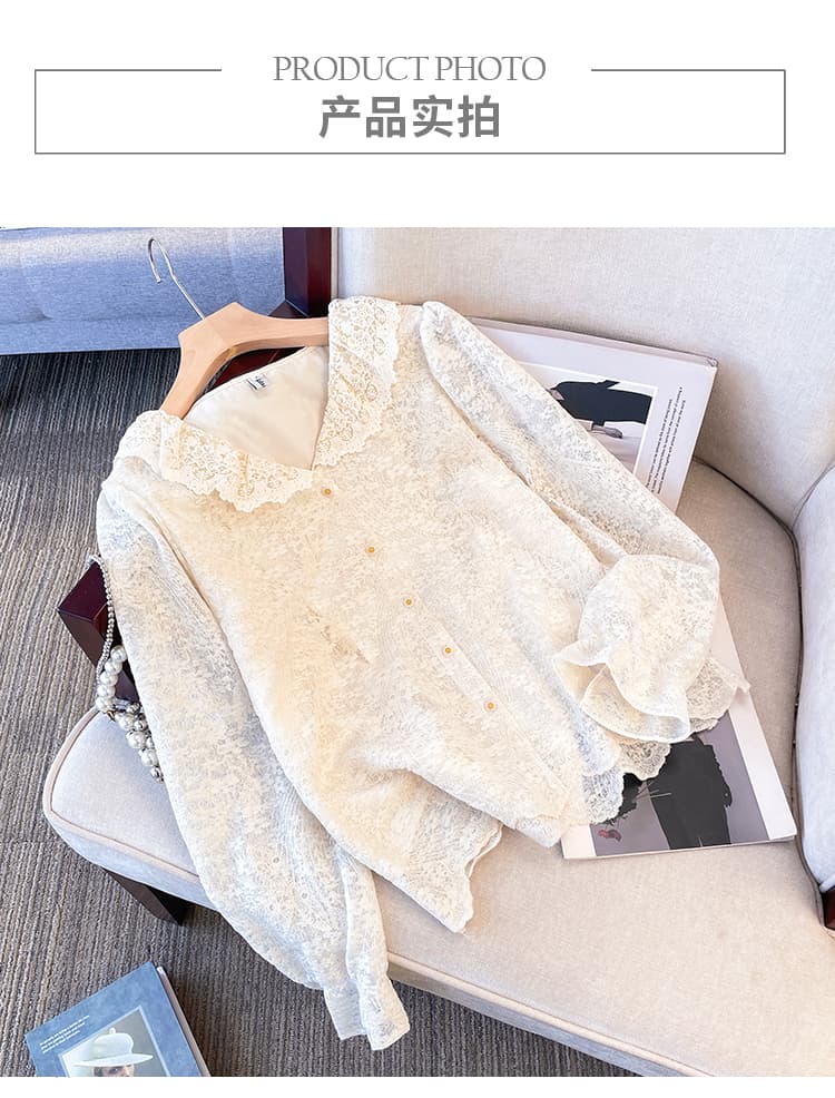 실사 빅 사이즈 여성 의류 2026 지방 mm 가을 자수 레이스 칼라 패션 연령 감소 슬림해 보이는 다용도 긴팔 셔츠 상세 이미지 7