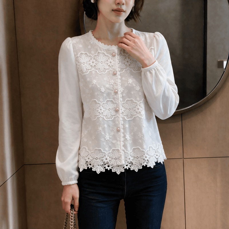 실사 빅 사이즈 여성 의류 2026 지방 mm 가을 고급 자수 연령 감소 다용도 작은 원 칼라 오픈 가디건 긴팔 셔츠 상세 이미지 9