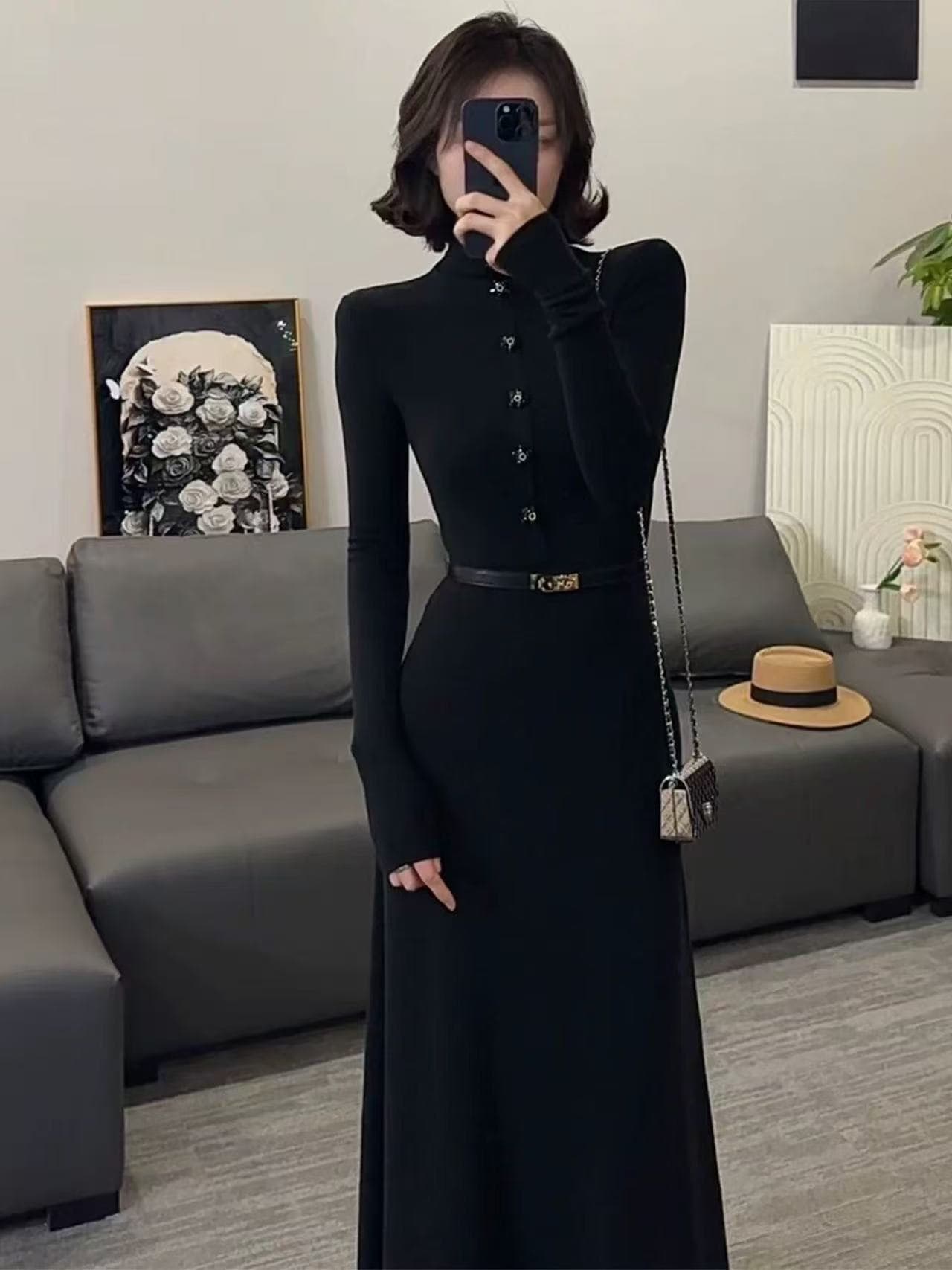 프랑스식 품격 반하이넥 인사이드 가져 가라. 만나는 여성 드레스 2025 새로운 겨울 몸매 가꾸기 검정색 롱 코트 티셔츠 치마 이미지 4