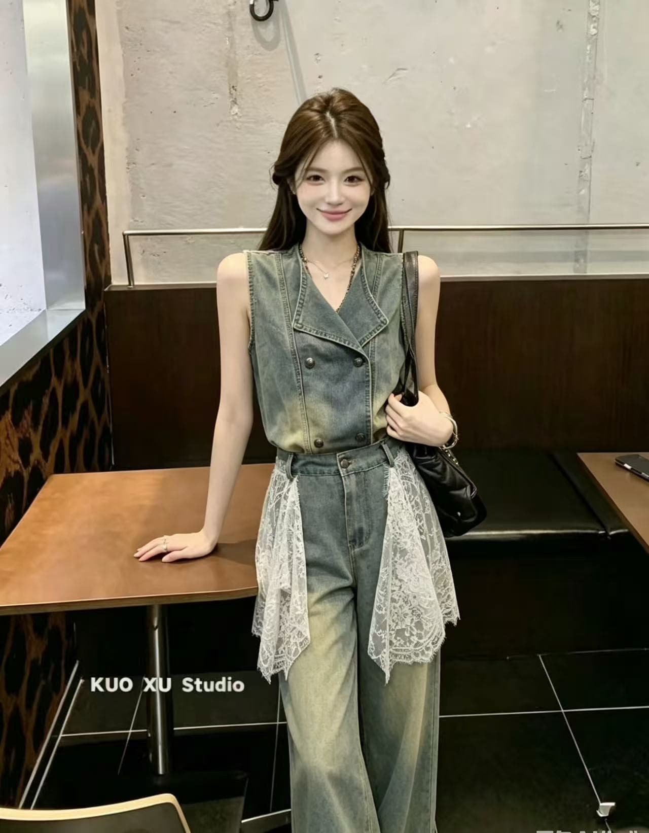 남자 남자 홈 유럽 상품 2026 여름 새로운 레트로 고급 센스 품격 레이스 랩스커트팬츠 데님 투피스 슈트 이미지 2