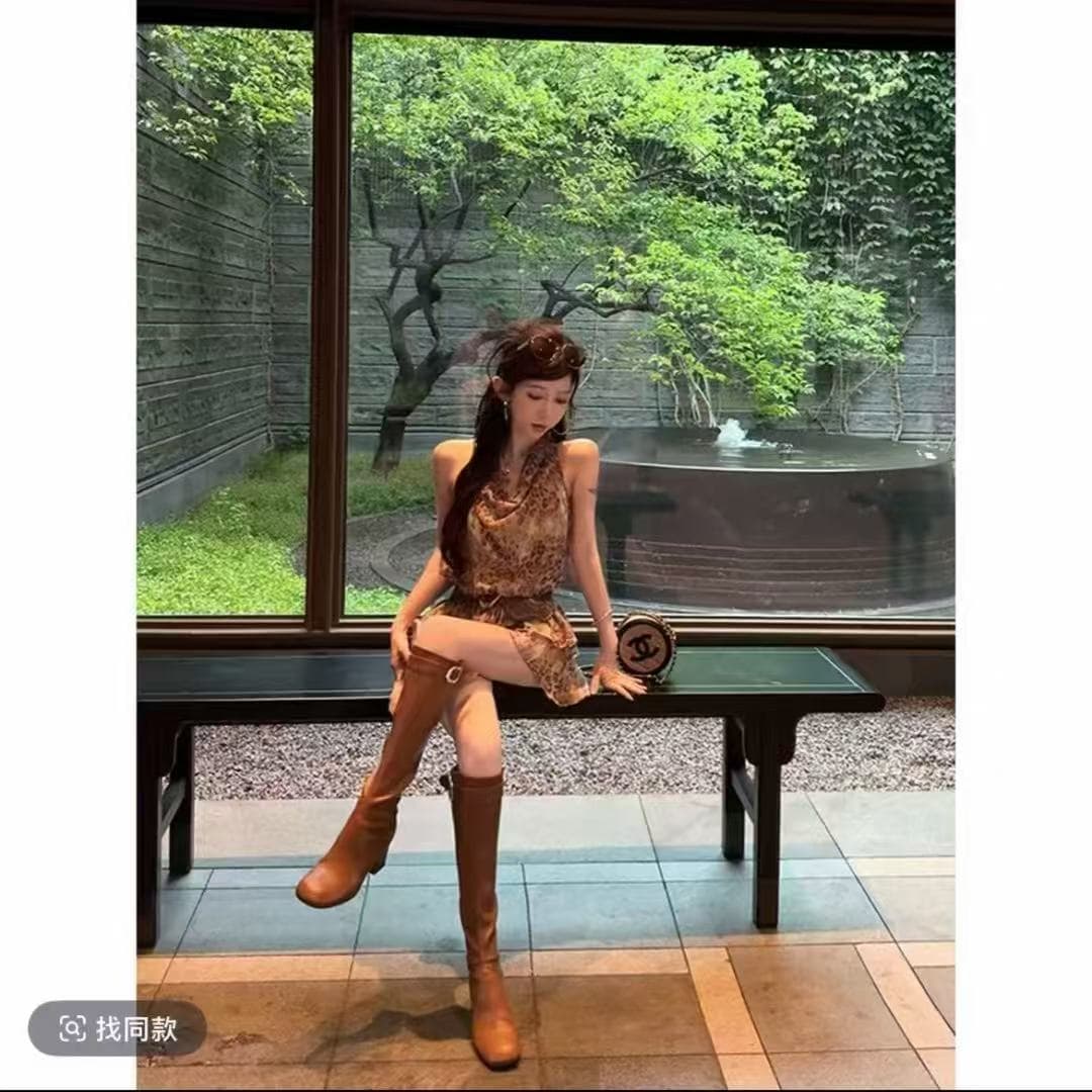 비 자매 천년기 고대 조기 맛 디자인 센스 흔들다 칼라 민소매 쉬폰 레오파드 무늬 드레스 벨트 포함 이미지 2