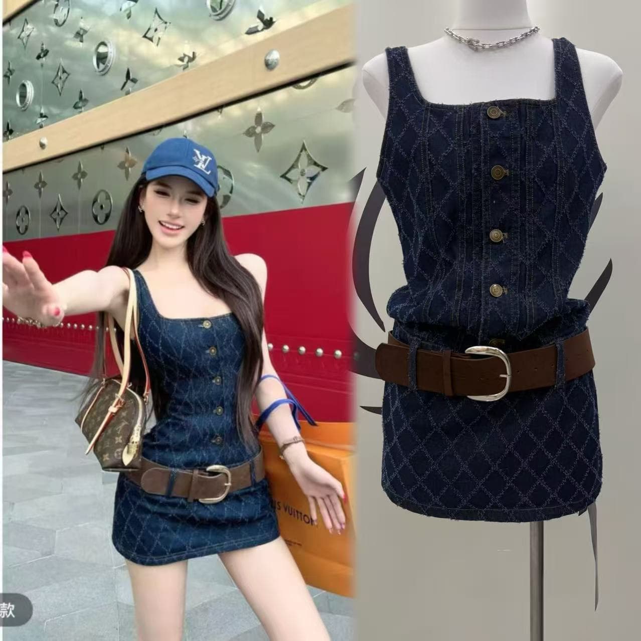 먼지 덩 덩 blue tone filter 작은 샤넬 스타일 다이아몬드 모양 체크무늬 데님 드레스 이미지 4
