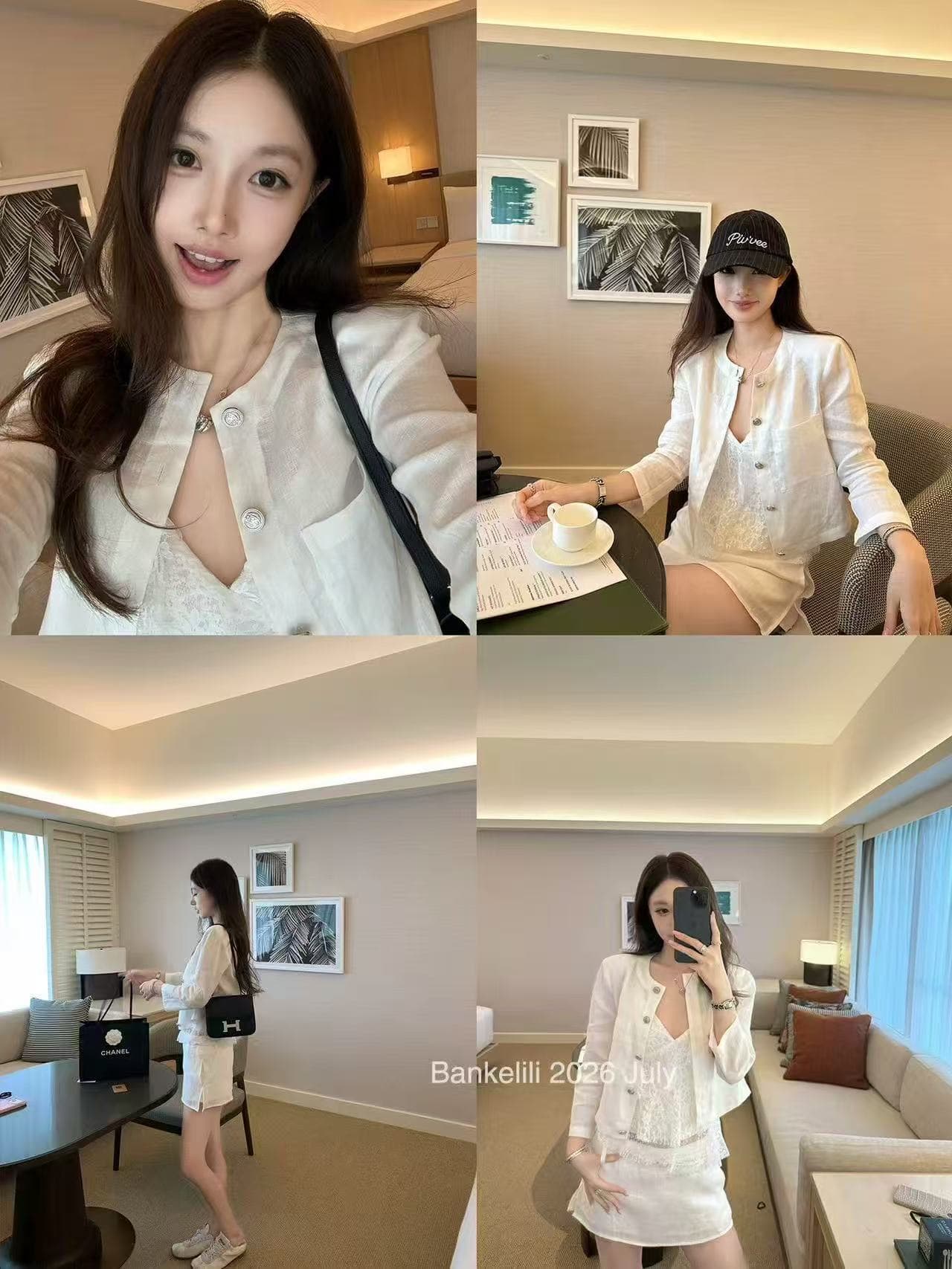 밤나무 코코아 bankelili 필리핀 린 휴일 7부 소매 라운드 넥 재킷 반 스커트 세트 여성 이미지 4