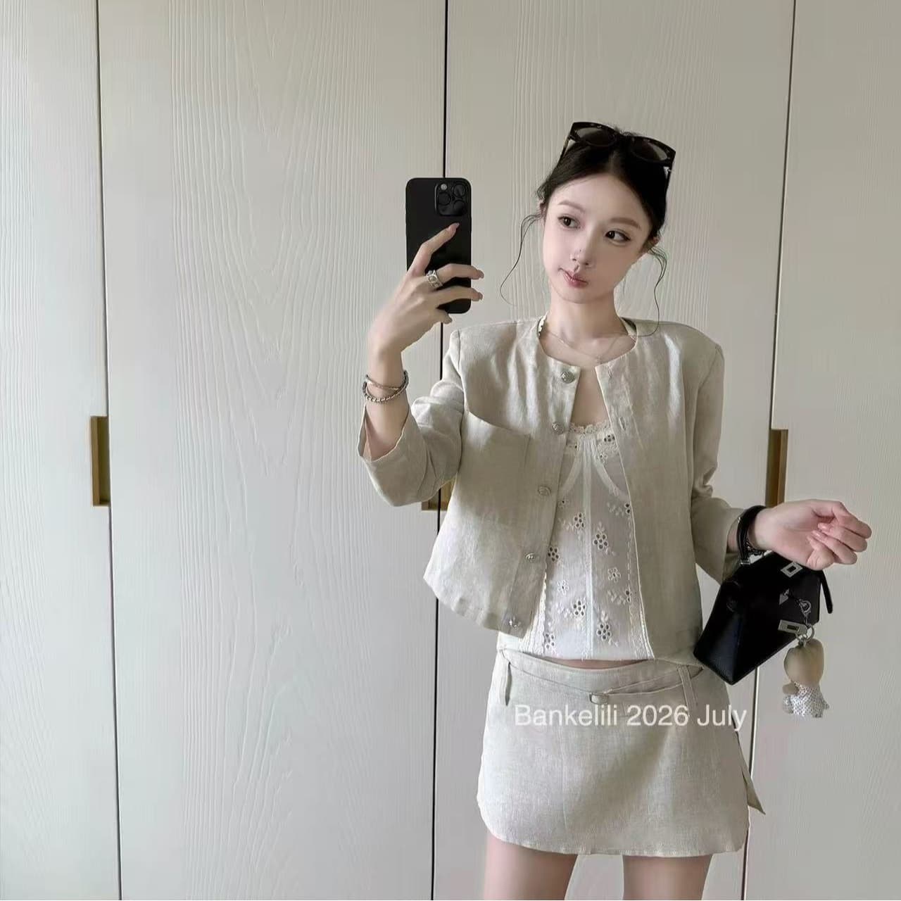 밤나무 코코아 bankelili 필리핀 린 휴일 7부 소매 라운드 넥 재킷 반 스커트 세트 여성 이미지 5