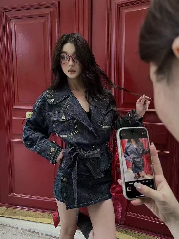 hytemoly 원색 데님 배색 명시적 스티치 대 프로필 모양 허리 수축 재킷 비대칭 자수 치마바지 투피스 슈트 이미지 3