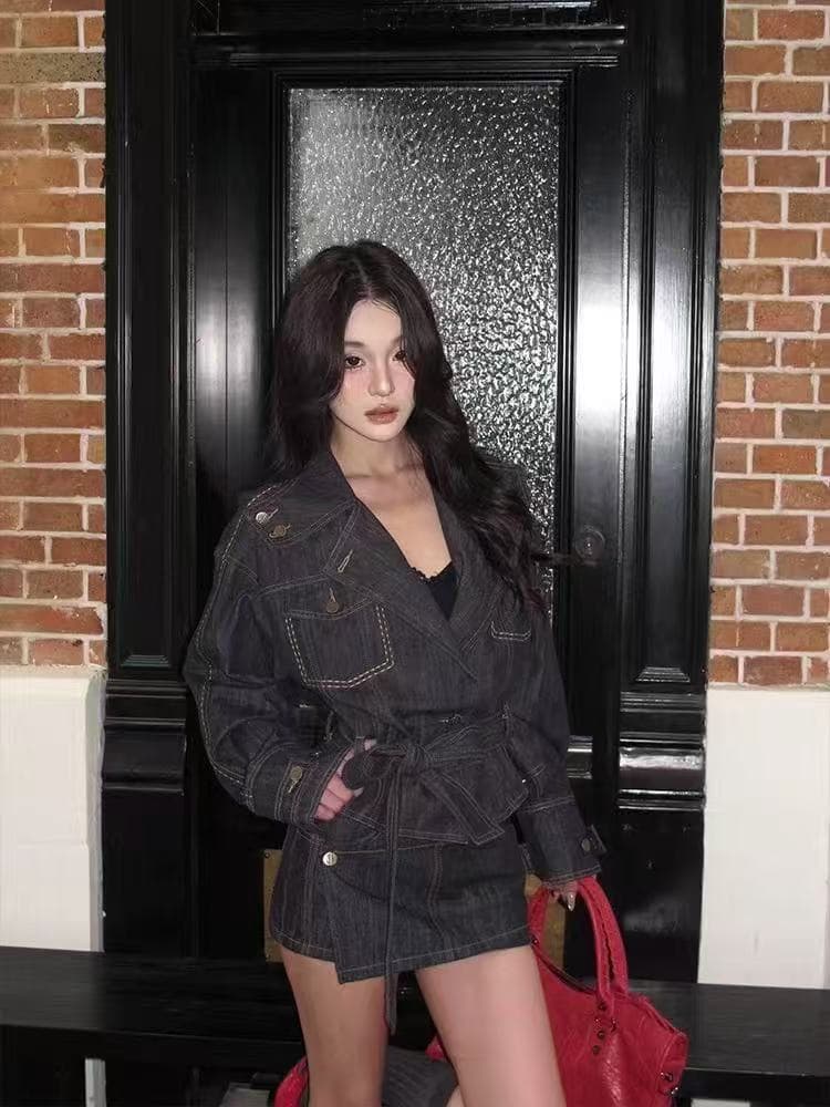 hytemoly 원색 데님 배색 명시적 스티치 대 프로필 모양 허리 수축 재킷 비대칭 자수 치마바지 투피스 슈트 이미지 4
