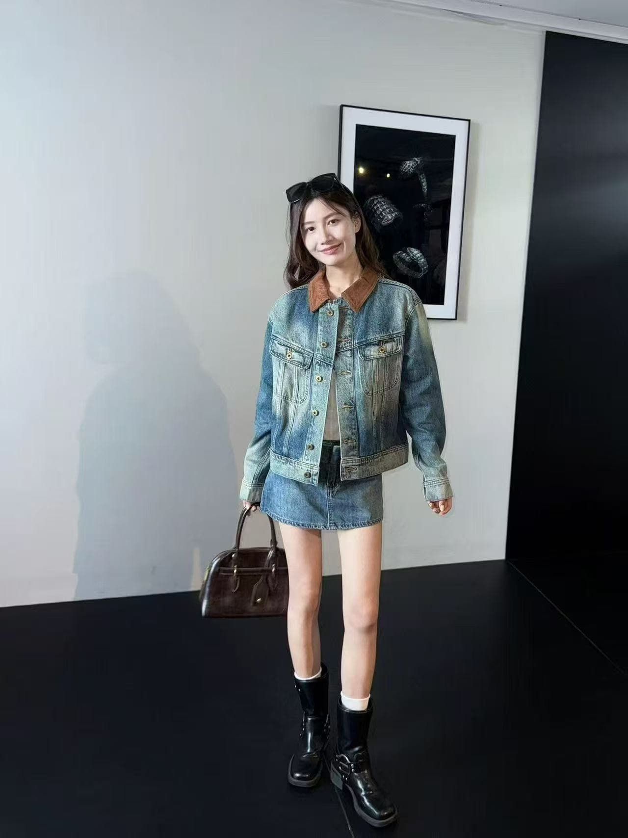 aassss 작은 대중 디자인 센스 레트로 카우보이 바깥 세트 여성 패치워크 코듀로이 칼라 워싱 블루 세트 이미지 2