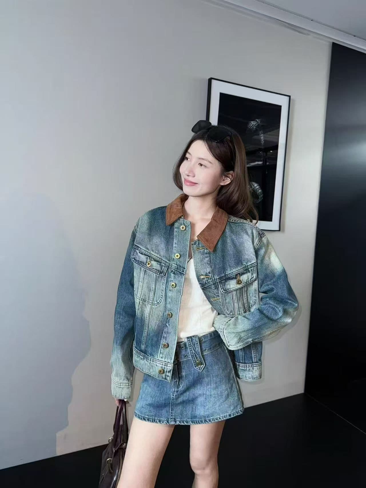 aassss 작은 대중 디자인 센스 레트로 카우보이 바깥 세트 여성 패치워크 코듀로이 칼라 워싱 블루 세트