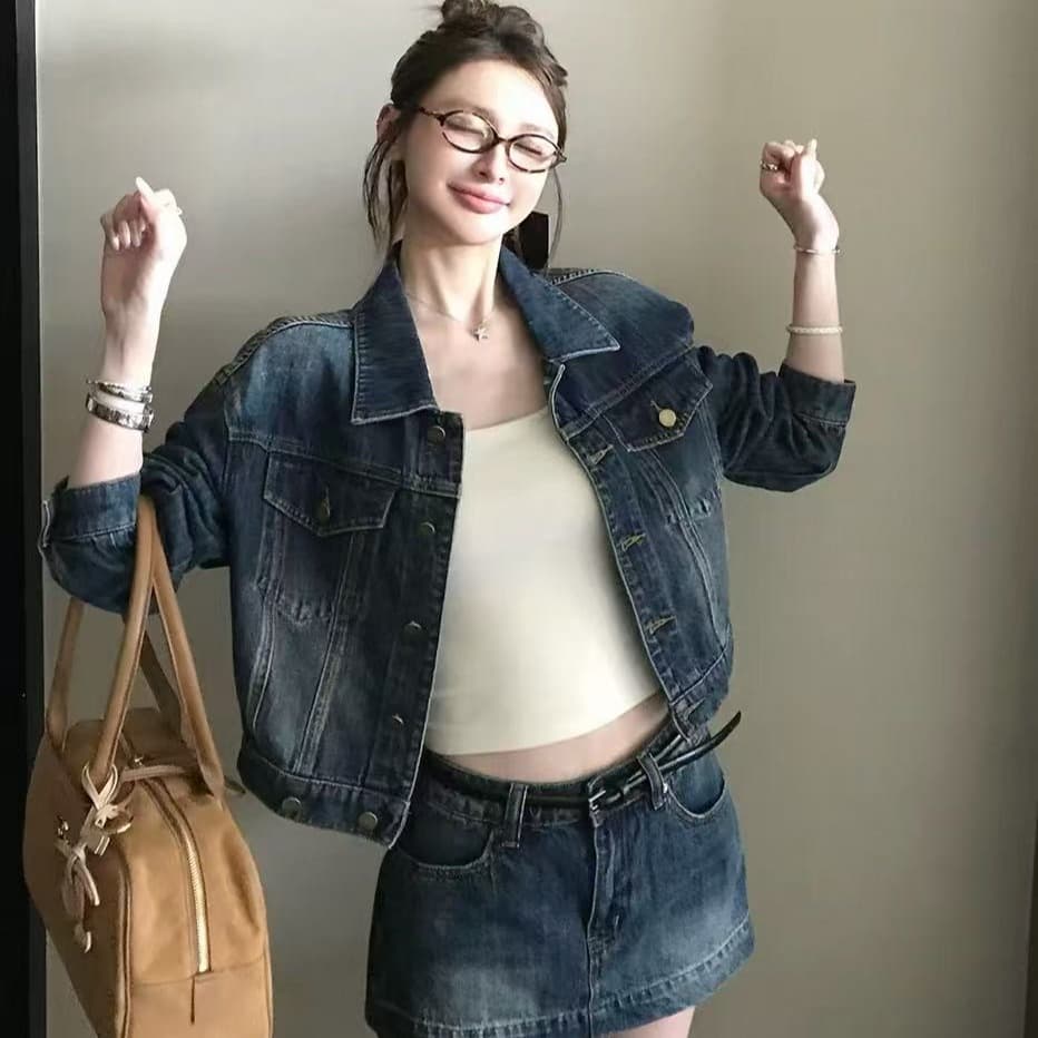 jeans suit 느슨함 타닌 절대적으로 훌륭함 비율 워싱 면 부드러운 반면 이 뼈 느슨함 자기 접촉 데님 세트 이미지 5